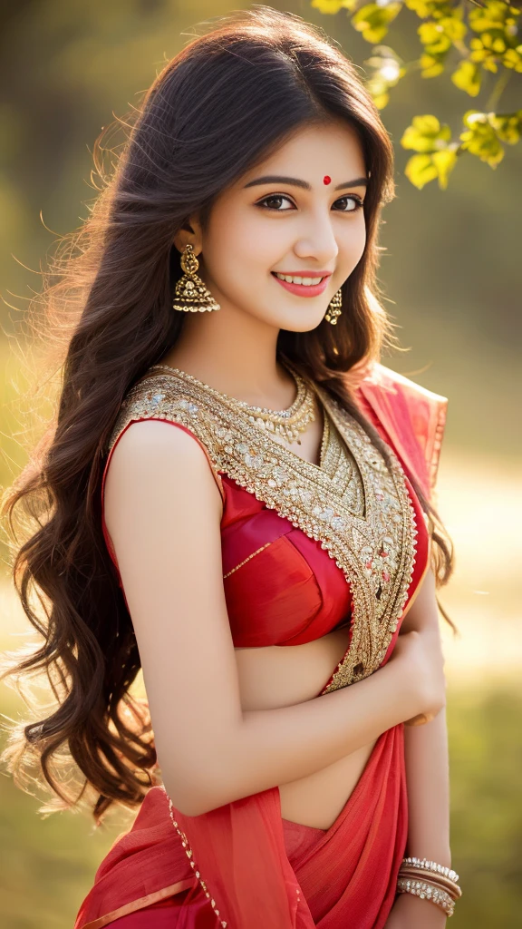 ultra high detailed, an indian girl, cute smile realistic face, happy, long hair, impressive hairstyle, detailed eyes, detailed lips, indian clothes,pre draped saree lace, wearing jewellery, nature background, flowers, photo studio, clear weather, whole body capture,noch slim image long