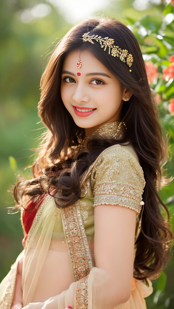 ultra high detailed, an indian girl, cute smile realistic face, happy, long hair, impressive hairstyle, detailed eyes, detailed lips, indian clothes,pre draped saree lace, wearing jewellery, nature background, flowers, photo studio, clear weather, whole body capture,noch slim image long