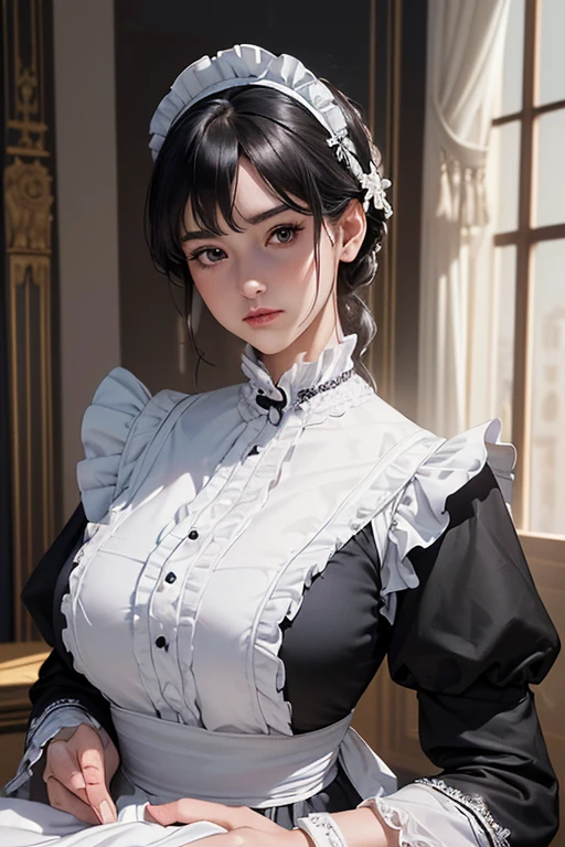 (((best quality, Fragments flying, Ultra-high resolution、Most complex、The most detailed depiction、Awards, 8K、明るくwonderfulな)))、(1 Beautiful 45-year-old maid full of maternal love:1.3)、(Motherly Maid:1.2)、(Wrinkled face:1.2)、(wrinkles around the eyes:1.2)、(Nasolabial fold:1.2)、(1 The most beautiful and exquisite maid of honor)、(Accurate anatomy:1.3)、(Very Bright Maid :1.2)、(The most gorgeous Victorian maid dress hangers and luxurious maxi white and black maid dresses、The most exquisite giant black and white maid costume、Dress rack and white maid dress rack and white maid dress small apron and black and white maid outfit)、((The most luxurious Victorian room background、Royal Deluxe Room、Royal Palace'best room、wonderful、Very moody lighting、So gorgeous、Luxury beyond imagination、Bedroom decoration with many ornaments,、Very complex and detailed background、Highly complex and detailed texture))、(Look at me and smile、The happiest smile、Emphasize body lines、Full breasts)(((Full and soft breasts,)))(((Large Breasts))) (((Cleavage)))