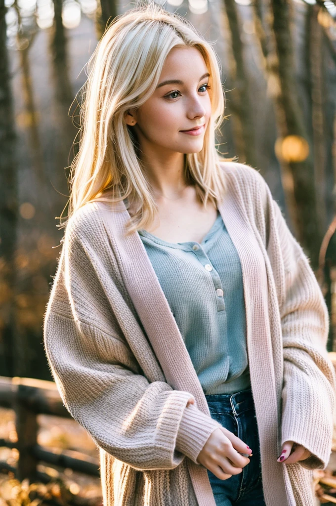 blonde hair , female , 20 year old , cozy slip cardigan