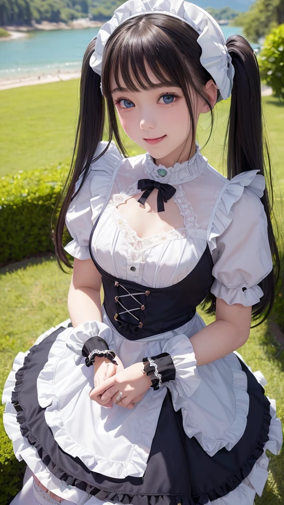 ((masterpiece)), ((highest quality、Ultra high definition)), (Very detailed),8K、Photo quality、((Amazingly cute girl)),( 14-year-old girl), Two people, , (Beautiful emerald blue eyes), ((smile)),In the open-air bath overlooking the sea, Beautifully arranged black hair in twin tails、whole body、((Super high-end white see-through summer gothic lolita maid costume、A super mini skirt with lots of frills))、Professional Lighting、(White lace knee-highore detailed and beautiful)、(More details and cutenesore realistic)、(((ウインクしている)))、