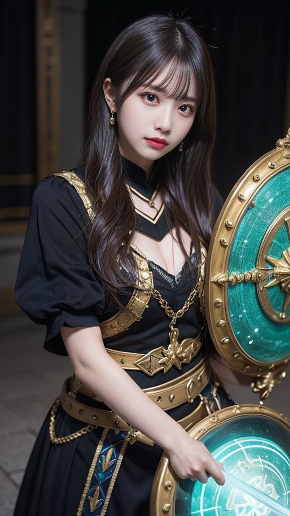 A powerful spell that creates a magical protective barrier., A woman who uses green magic to summon a magical shield is perfect for a fantasy world..