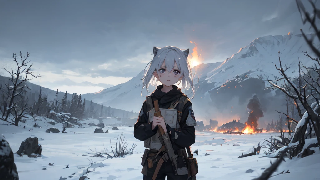 masterpiece:1.2), best quality , 独奏 ,pixiv, anime girl ,long straight white hair , black eyes ,Wearing off-white camouflage uniform ,ten years old,modern battlefield,(Eyes looking into the distance:1.3),(look away:1.5),snowy weather,dirty face,The background is a sea of fire with blood on the forehead,dirty face,Backlight,Bare rocky peaks ,Fierce flames are burning,The expression is sad,bullets flying,leave tears
