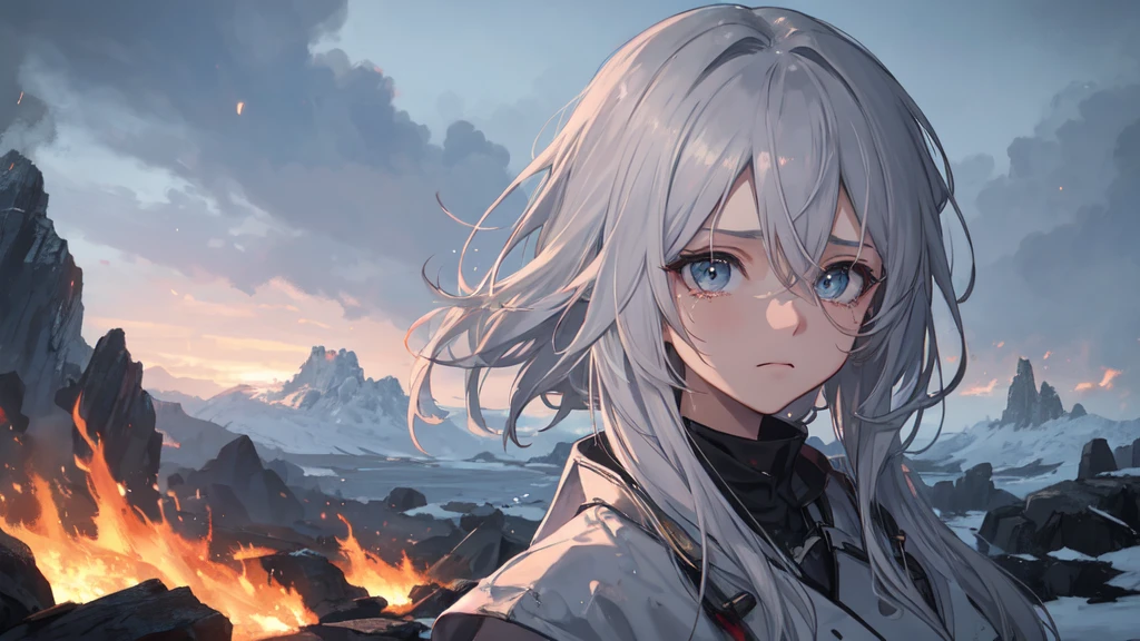 masterpiece:1.2), best quality , 独奏 ,pixiv, anime girl ，long straight white hair , black eyes ,Wearing off-white camouflage uniform ,ten years old，modern battlefield，(Eyes looking into the distance:1.3)，(look away:1.5)，snowy weather，dirty face，The background is a sea of fire with blood on the forehead，dirty face，Backlight，Bare rocky peaks ,Fierce flames are burning，The expression is sad，bullets flying，leave tears