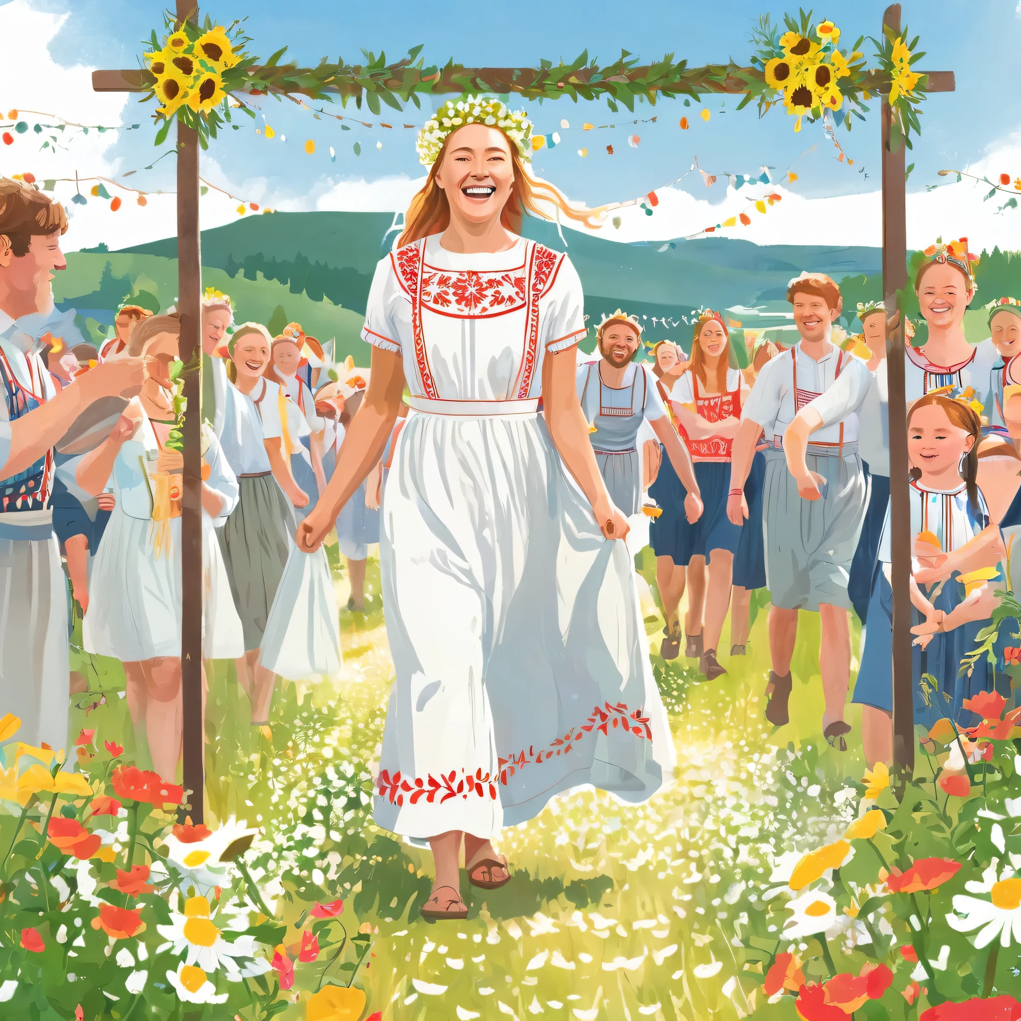 Create an illustration of a warm and festive scene from Midsommar.