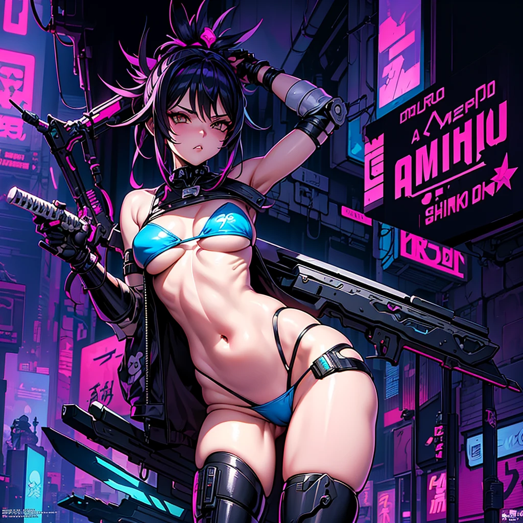 a cartoon picture of a woman in a bikini with a sword, inspired by Masamune Shirow, inspired by Shinoda Toko, cyberpunk voodoo, shadowrun splash art, holy cyborg necromancer girl, in style of heavy metal comic, cyberpunk comic cover art, jen bartel, style of masamune shirow, by Dave Arredondo