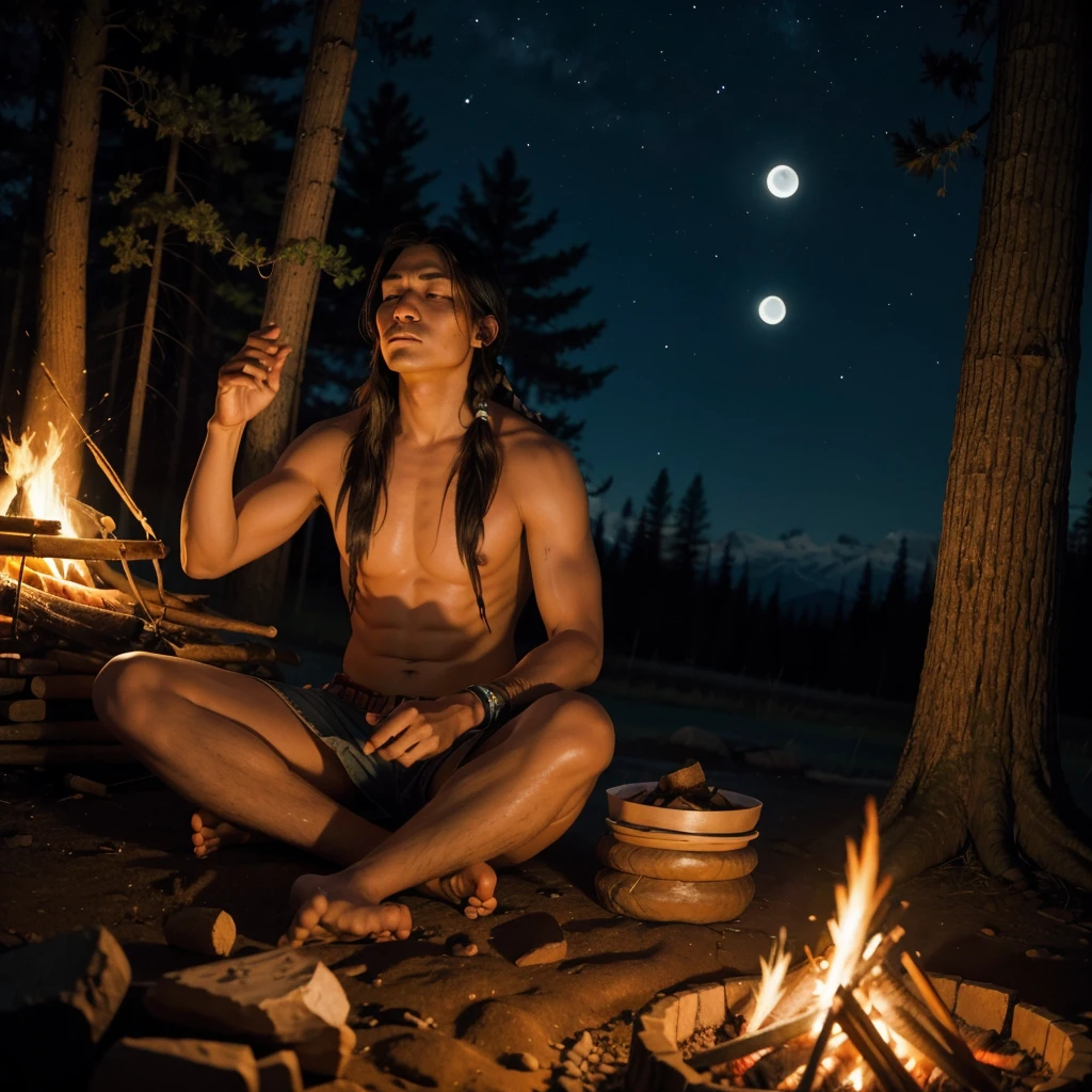 Native American Indian meditating with the moon in the background next to a campfire , at the forest