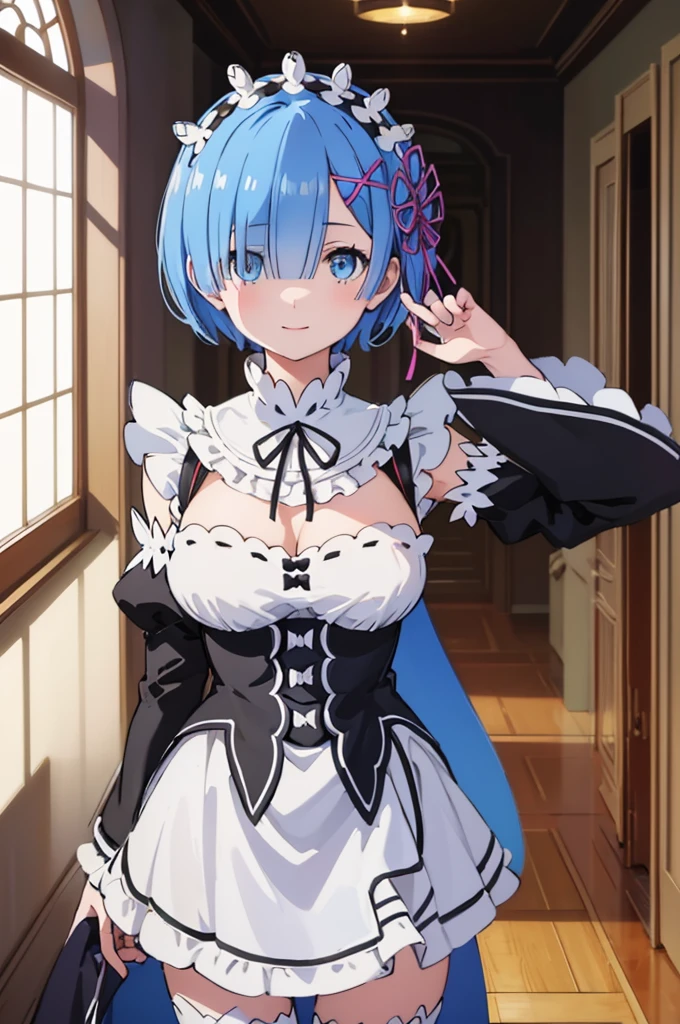 masterpiece, best quality, high resolution, best illustration, super fine illustration, (official art:0.7), (anime screencap:0.8), detailed beautiful face and eyes, anime keyvisual, (perfect anatomy:1.1), 
1girl,
rem, 
rem \(re:zero\),
short hair, 
blue hair, 
(blue eyes:1.2), (beatiful detailed eyes:1.2), 
maid headdress,  ribbon, x hair ornament, 
large breasts, 
maid uniform, black unuform, detached sleeves, white tights, 
happy smile, 
looking at viewer, 
cowboy shot, 
natural light, background of indoor, 