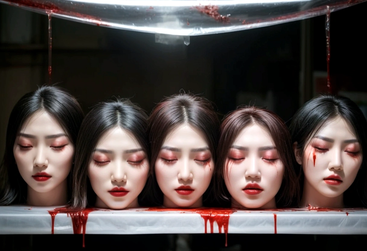Several decapitated heads of beautiful women in transparent plastic bags, on a table, in a public market, full of blood, blood flowing, ((eyes closed)), bleeding, photorealistic, 4K, Nikon, horror, public market, beautiful asian face