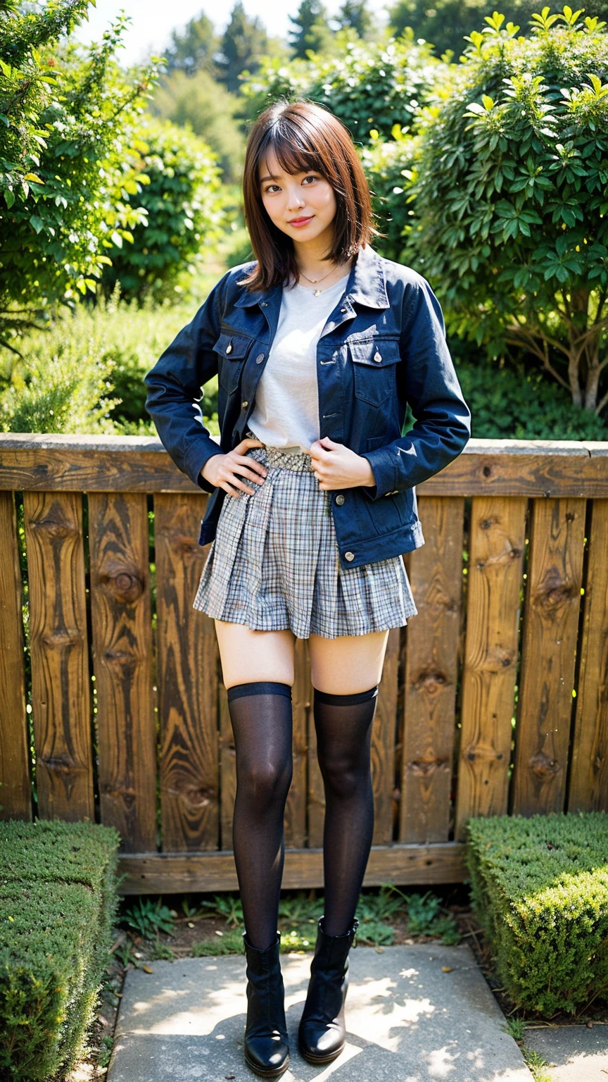(8K、RAW Photos、Highest quality、masterpiece:1.2)、(Realistic、Realistic)、1 Girl、((Medium Hair、Jacket、tights、Black pleated mini skirt、boots、Big Breasts、whole body、garden、smile、View from the front、Looking into the camera、Stand with hands on hips))、