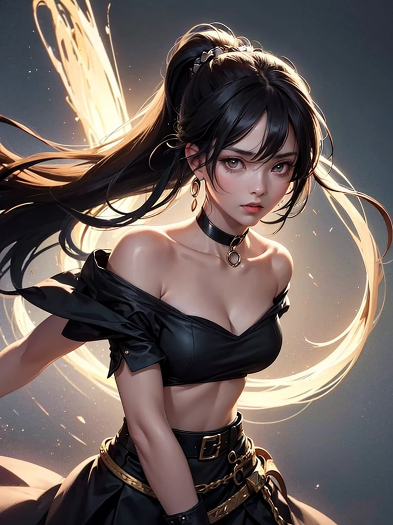 female character with long wavy dark hair tied in a high ponytail. She has large expressive eyes and is wearing a dark top with a choker-style neck and a scoop neckline that reveals part of her shoulders. She's adorned with earrings and is portrayed in a softly lit setting that creates a warm and moody atmosphere. The lighting casts distinct shadows across her face and body, adding to the ambiance of the image. The style appears to be influenced by anime or digital art aesthetics.
