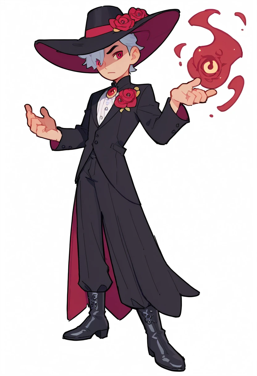An evil young man, male adult, raising one hand, elegant, fancy clothes, boots, male, magic eye medallion, tall, white background