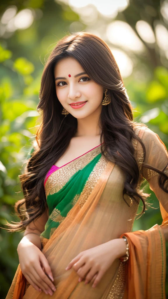 ultra high detailed, an indian girl, cute smile realistic face, happy, long hair, impressive hairstyle, detailed eyes, detailed lips, indian clothes,pre draped saree lace, wearing jewellery, nature background, bokeh photo studio, clear weather, whole body capture,noch slim image long