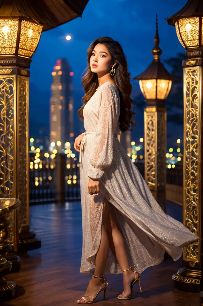 Full body high fashion, wavy long hair, floating hair by the wind, extreme artistic, intricate poses, Incredible photorealistic high resolution camera pics in the style of gardenia of a luxury scenic at gazebo full of flowers in rooftop with Jakarta city scape view in the night and beautiful exterior decoration, realistic eyes, facial profile view, Head to toe, Full body, used high heels, used earrings, relaxed, at night Cinematic, ethereal, a young Asian who looks like
An idol, strong but elegant, sophisticated modeling beautiful blue clothes in the style of wealthy appearance, glamour lights, backlight, soft light, dim light, hair light, epic lighting, natural colors, glamourous atmosphere, romantic vibes