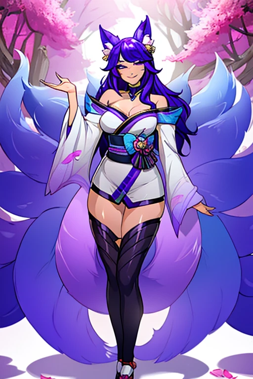A purple haired nine tailed kitsune woman with purple eyes with purple fox ears and nine purple fox tails with an hourglass figure in a kimono is smiling in a flurry of cherry blossoms petals
