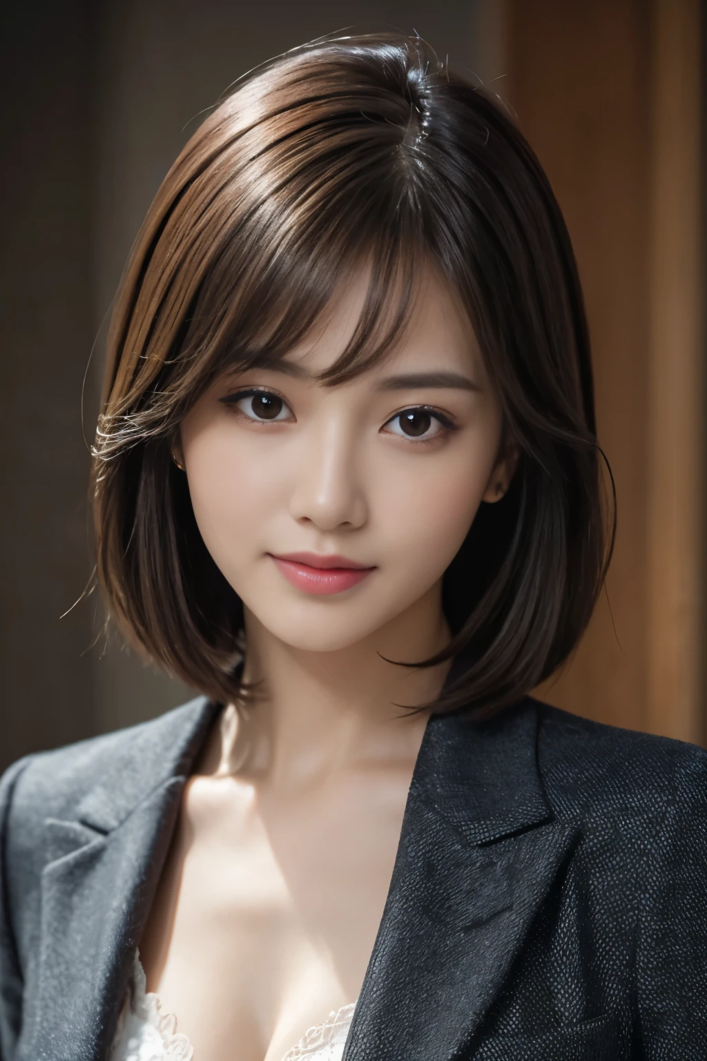 The best quality at its best, Realistically, Super detailed, More about pubic hair, High resolution, Plain background,8k wallpaper, One beautiful woman,,Light brown short hair, Wear a dark suit, Lock Focus, Perfect dynamic composition, Beautiful Eyes, Delicate hair, 细致Realistically的皮肤纹理, smile, Close-up portrait, Model Body Type