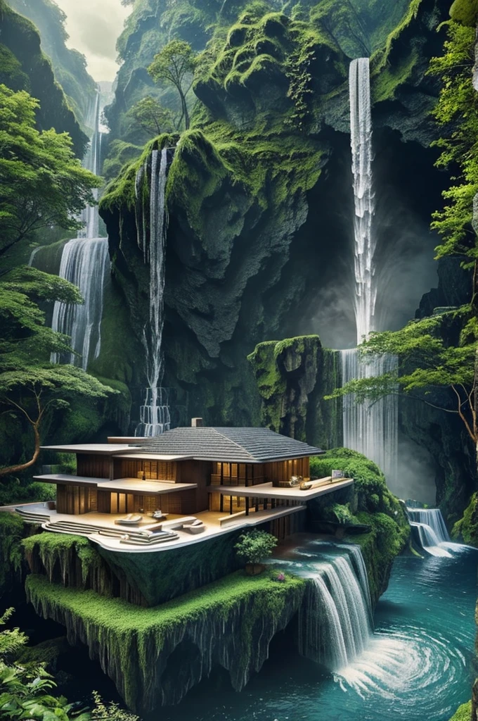 Create a house in a waterfall with the following characteristics Dreamlike and fantastic form Fusion of the real and the imaginary Use of unusual materials and textures Fluid and dynamic space Symbolic and metaphorical elements