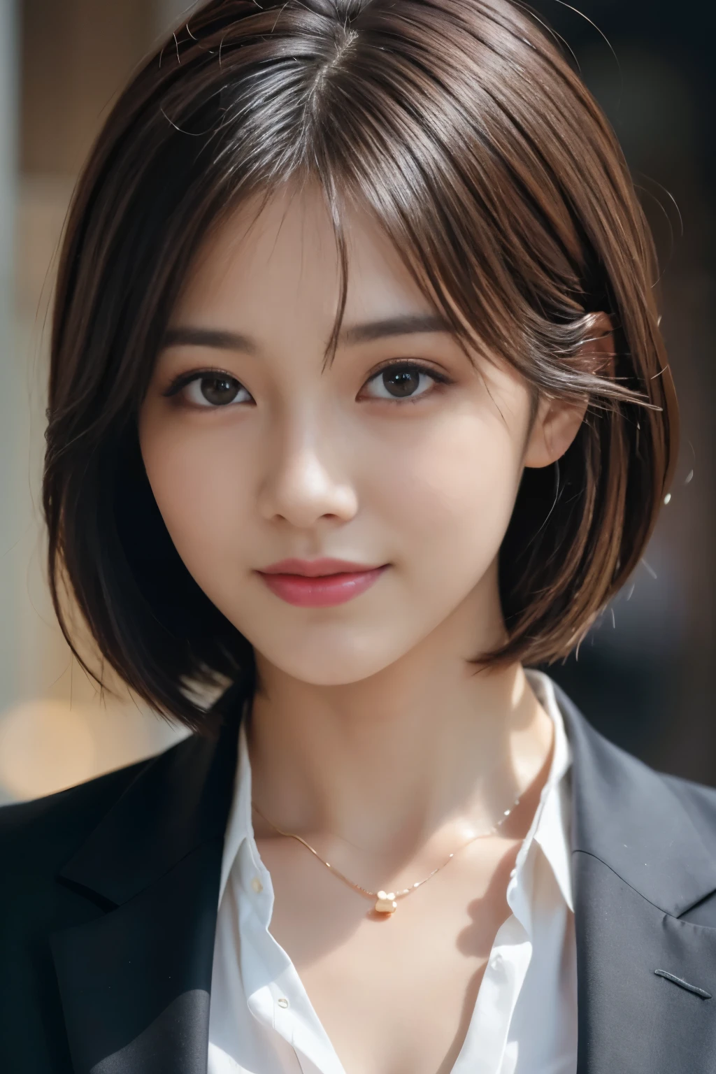 The best quality at its best, Realistically, Super detailed, More about pubic hair, High resolution, Plain background，8k wallpaper, One beautiful woman,,Light brown short hair, Wear a dark suit, Lock Focus, Perfect dynamic composition, Beautiful Eyes, Delicate hair, 细致Realistically的皮肤纹理, smile, Close-up portrait, Model Body Type