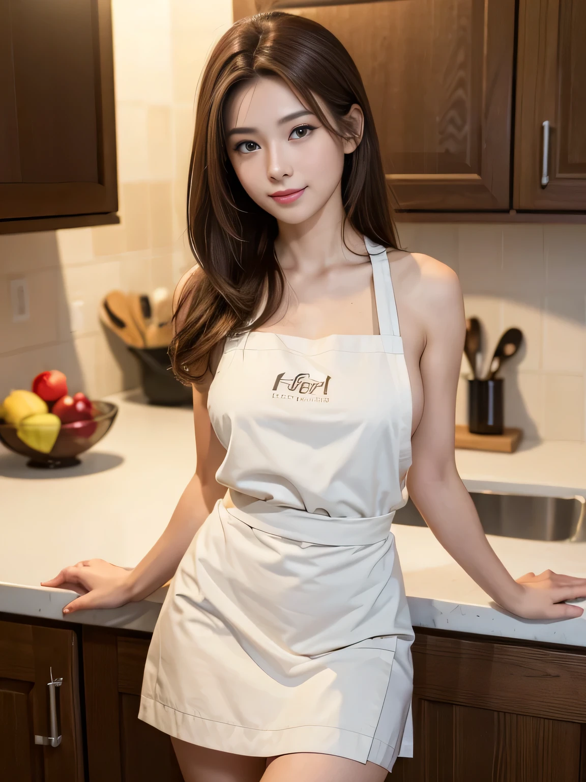 (masterpiece:1.3), (8K, Photo realsitic, Raw photography, top-quality: 1.4), (beautiful Japanese woman), beautiful face, (Lifelike face), (Brown hair:1.5), Low ponytail, (seductive smile), Realistic brown eyes, Beautiful details, (real looking skin), Beautiful skins, the golden ratio, sleeveless, (Wearing only an apron:1.2), (naked apron), Stylish, Realistic, Photorealistic:1.3, Beautiful Face, kitchen, random pose,