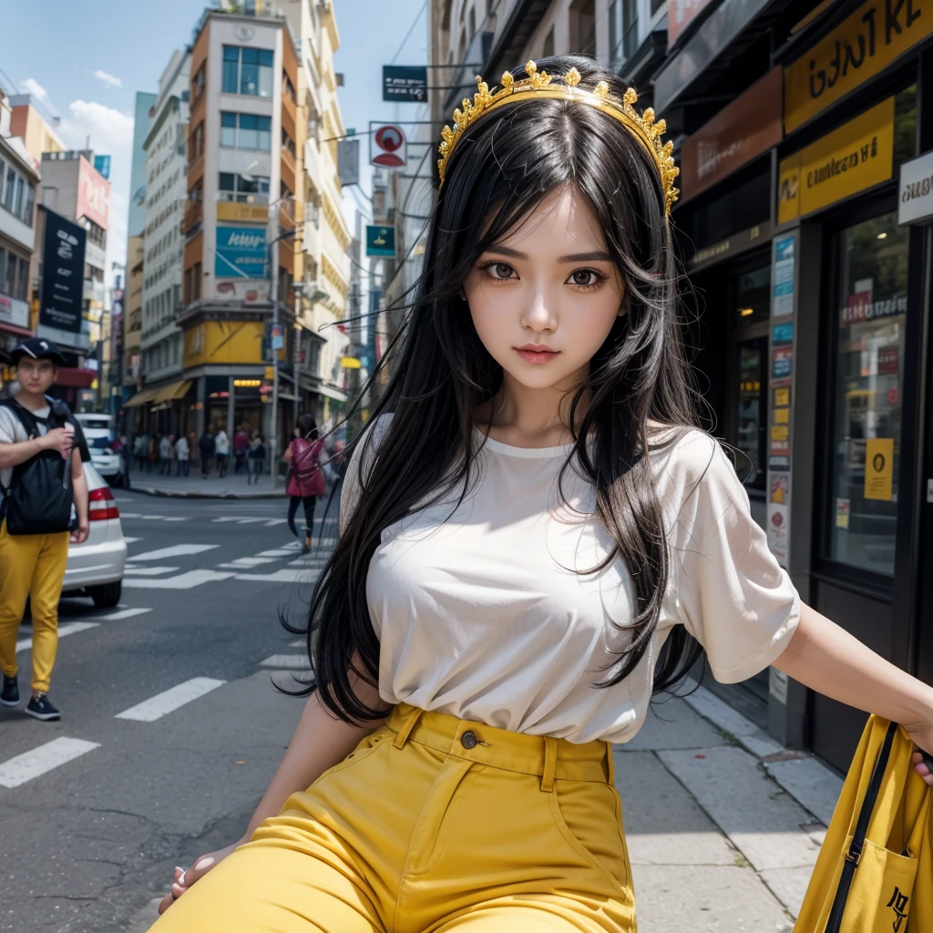 A girl with black hair, yellow tiara, orange pants, white blouse and a lively city