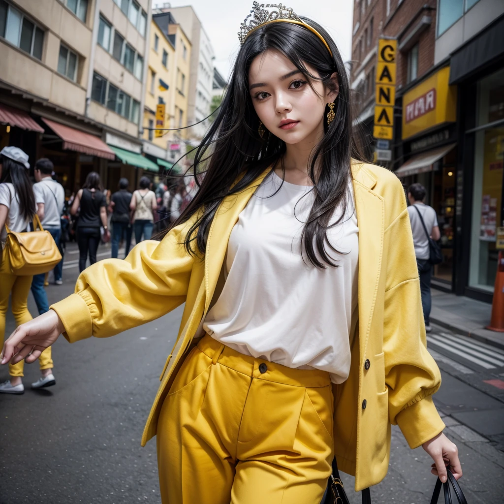 A girl with black hair, yellow tiara, orange pants, white blouse and a lively city