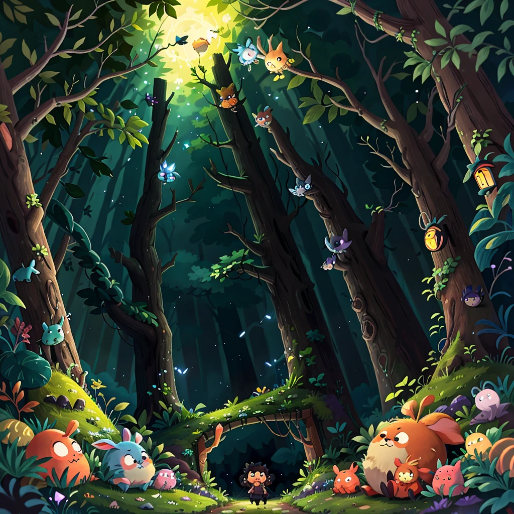The faint light of a small firefly、 Deep in the forest 、Glimmer and soft moonlight 、Deep blue night sky、Flashing fireflies、 Scared little rabbit walking on the way home