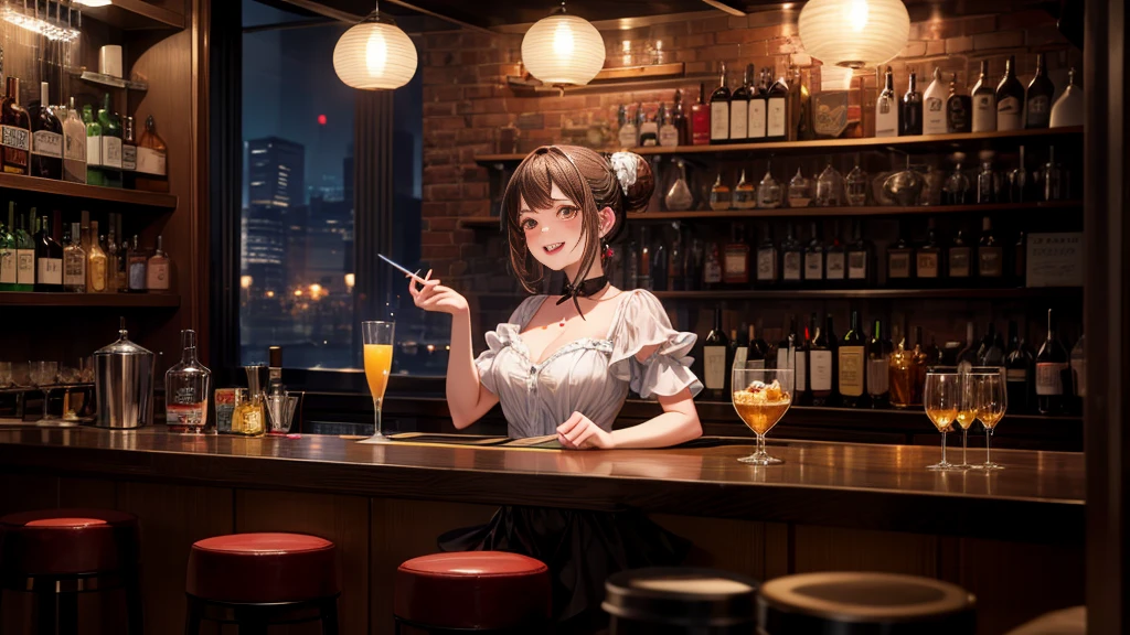masterpiece, best quality, high quality, detailed, ultra detailed, hyper detailed, insanely detailed, exquisite, beautiful, FHD, Full-HD, 4K, 8K, 16K, highres, absurdres, bar, woman, interior photo, laughing, hair bun, brown hair, brown eyes, pale skin, beauty mark, in the bar, with a table, at night, chill atmosphere,A bartender's sister making drinks at a bar