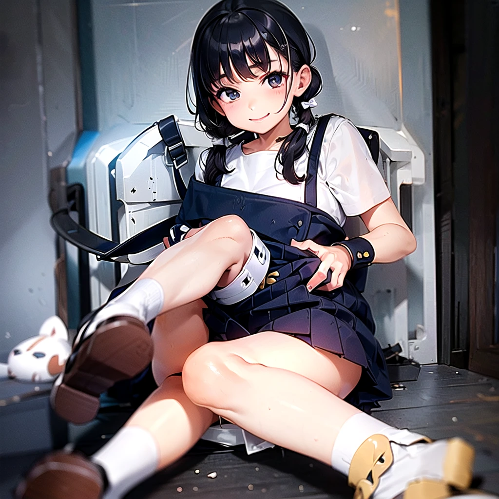 (best quality, masterpiece, high-resolution, detail),
a girl, ,
sitting,
low pigtails, (low twin tails:1.2), black hair,
navy blue , sailor uniform,
front,
gentle smile,