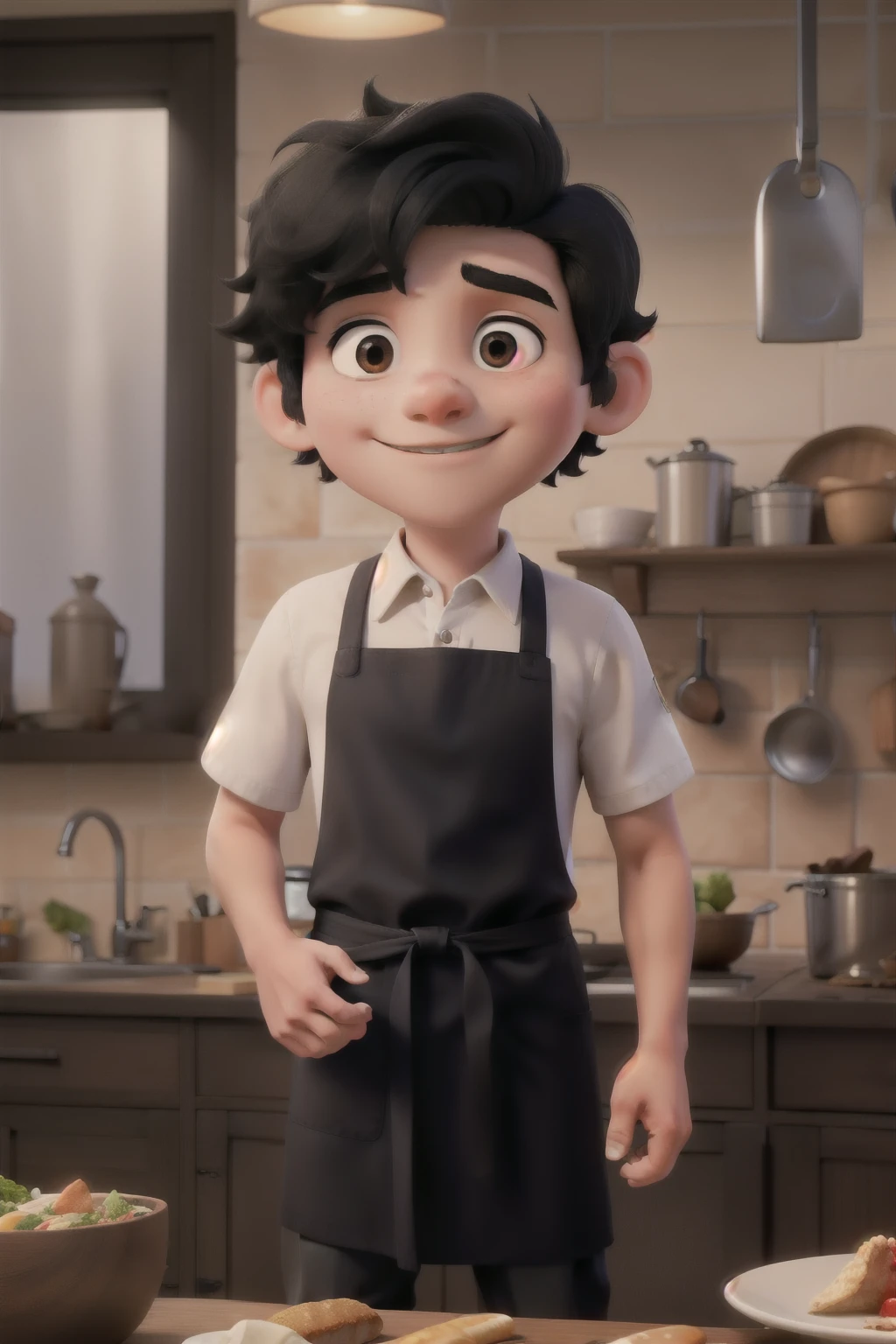 A boy with black hair with an apron and a chef's hat, long red pants and red shoes inside a pizzeria with a lot of customers