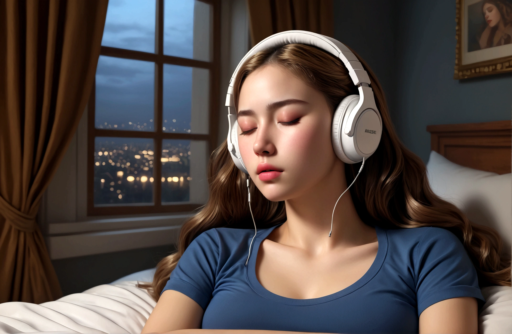 masterpiece, highest quality, beautifully, 1girl, eyes closed, sleeping, detailed lips, detailed hair, detailed outfit, headphones, bedroom, night, window opened, cinematic lighting, photorealistic, 8k, hyper detailed, intricate details, (best quality:1.2), (realistic:1.37), (masterpiece:1.2)