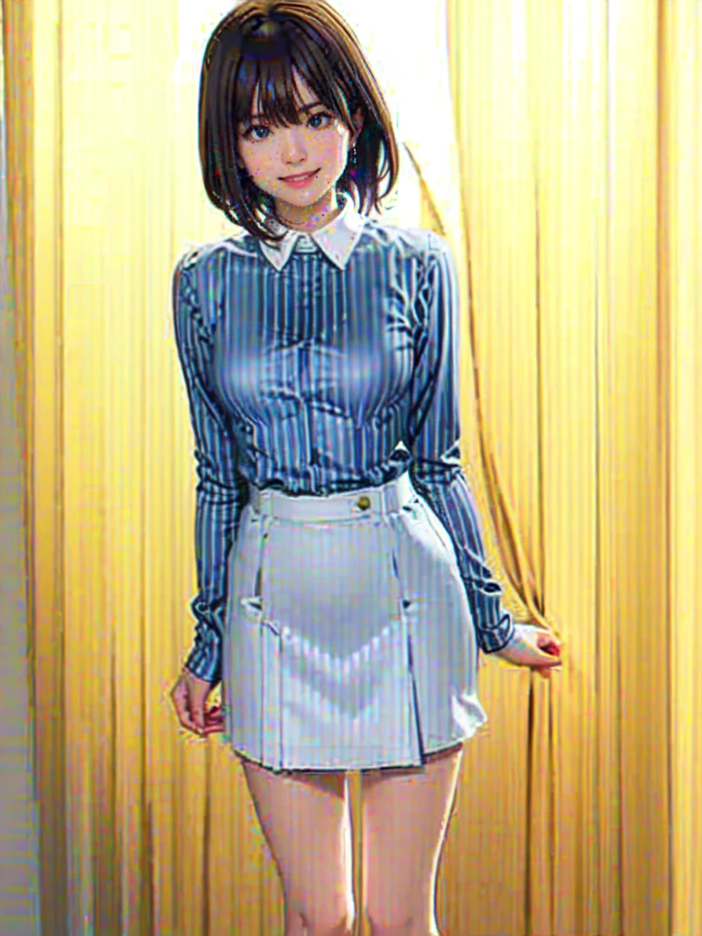 raw photo, 1girl, medium breast, collared blouse, light smile, detailed skin, Are standing, simple background, Above the knee, photorealistic, masterpiece, best quality, anatomically correct