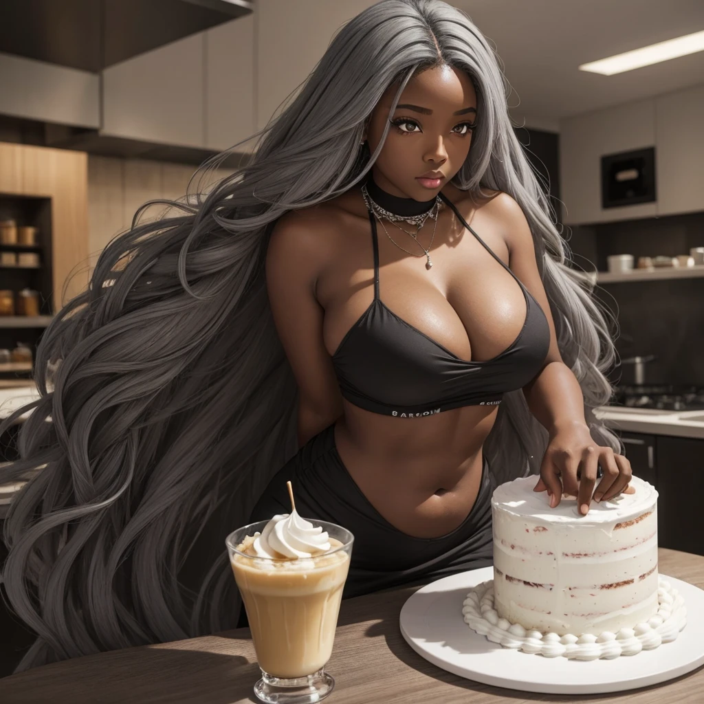 Black girl with long gray hair, gray eyes. thin lips fat body It floats in the cake cream