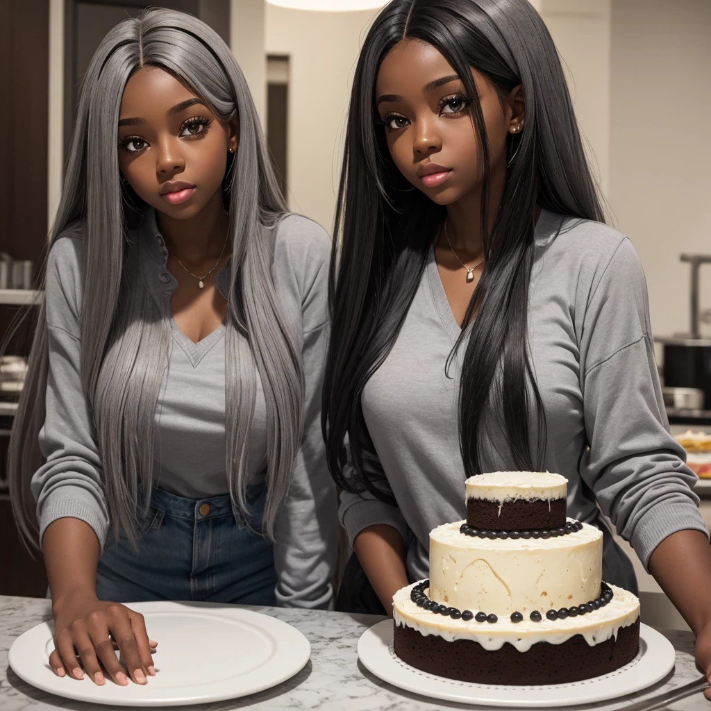 Black girl with long gray hair, gray eyes. thin lips fat body It floats in the cake cream