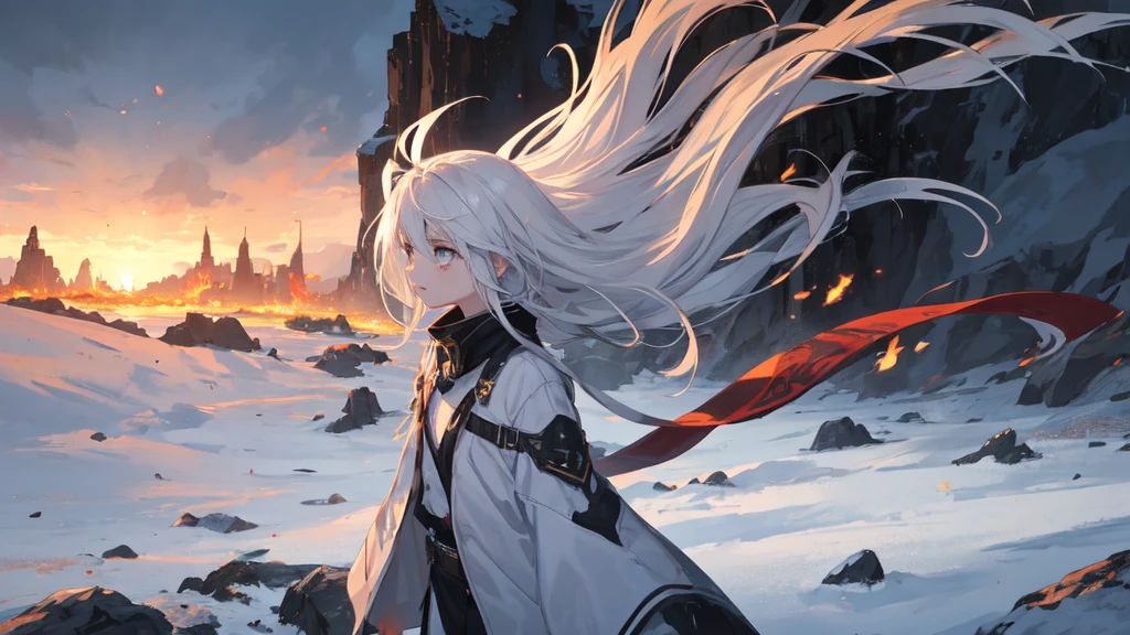 masterpiece:1.2), best quality , 独奏 ,pixiv, anime girl ，long straight white hair , black eyes ,Wearing off-white camouflage uniform ,ten years old，modern battlefield，(Eyes looking into the distance:1.3)，(look away:1.5)，snowy weather，dirty face，The background is a sea of fire with blood on the forehead，dirty face，Backlight，Bare rocky peaks ,Fierce flames are burning，The expression is sad，bullets flying，leave tears