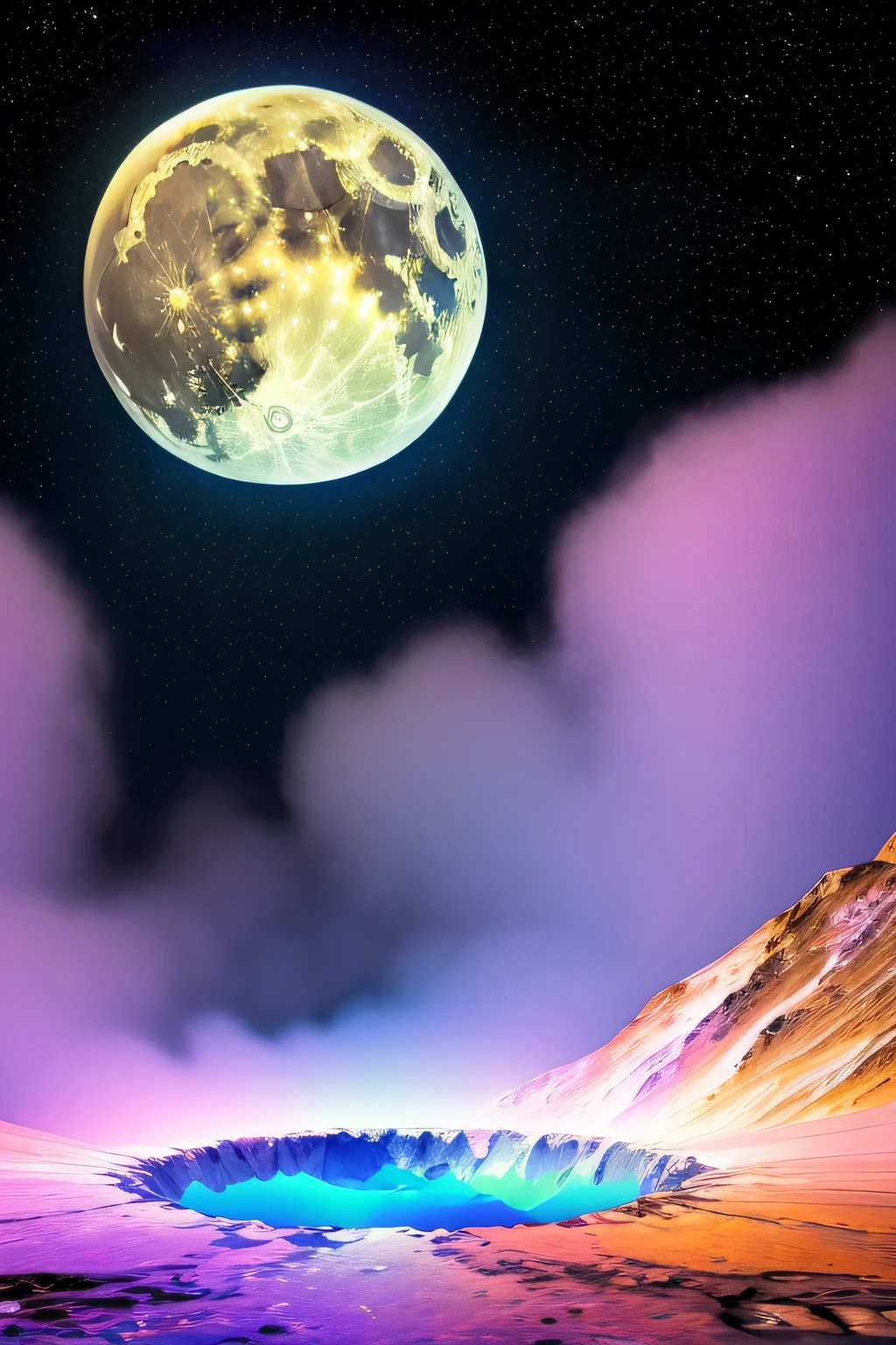 (best quality, Bright colors, 4K, high resolution, masterpiece:1.2), Extremely detailed, (Practical, photoPractical, photo-Practical:1.37), Human Development Report, ultra HD, Studio Lighting, Description of Extremely detailed, professional, bokeh, White moon scene, A black entrance in the center of the crater