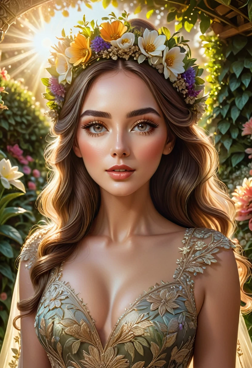 a beautiful woman, detailed intricate facial features, beautiful detailed eyes, beautiful detailed lips, extremely detailed face, long eyelashes, elegant pose, intricate intricate detailed dress, flowing dress, detailed flower crown, detailed garden background, sunlight, warm lighting, cinematic lighting, hyper detailed, photorealistic, 8k, masterpiece, art by artgerm and greg rutkowski