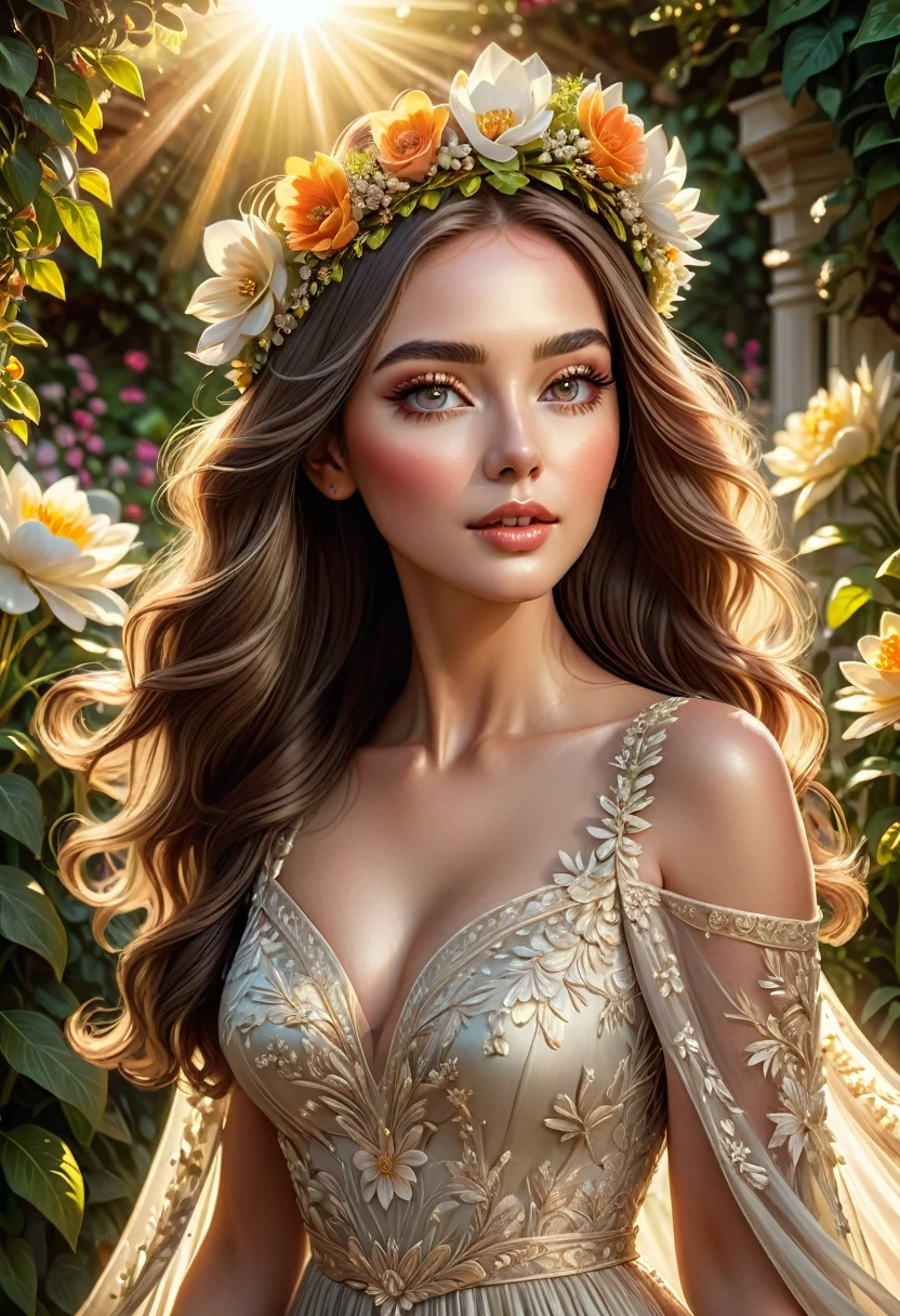a beautiful woman, detailed intricate facial features, beautiful detailed eyes, beautiful detailed lips, extremely detailed face, long eyelashes, elegant pose, intricate intricate detailed dress, flowing dress, detailed flower crown, detailed garden background, sunlight, warm lighting, cinematic lighting, hyper detailed, photorealistic, 8k, masterpiece, art by artgerm and greg rutkowski