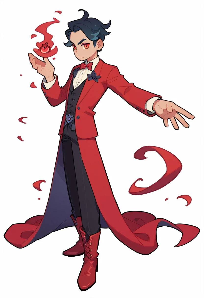 An evil young man, male adult, raising one hand, elegant, fancy clothes, boots, male, magic eye medallion, tall, white background