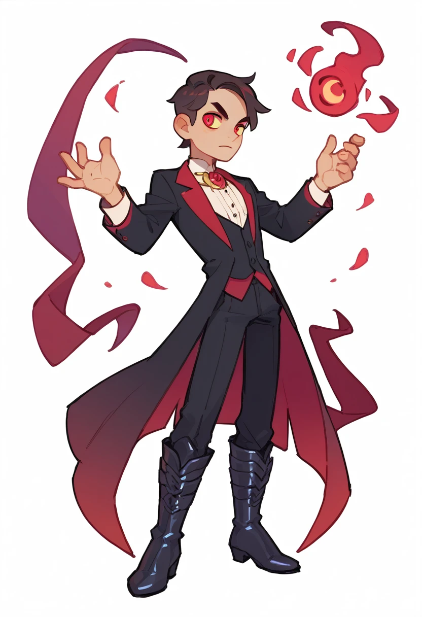 An evil young man, male adult, raising one hand, elegant, fancy clothes, boots, male, magic eye medallion, tall, white background