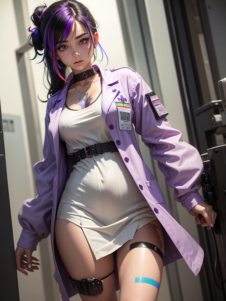 Young woman with black hair, rainbow hair streak, rainbow freckles, prosthetic right arm, rose tattoo, purple eyes, rainbow factory lab coat, white dress