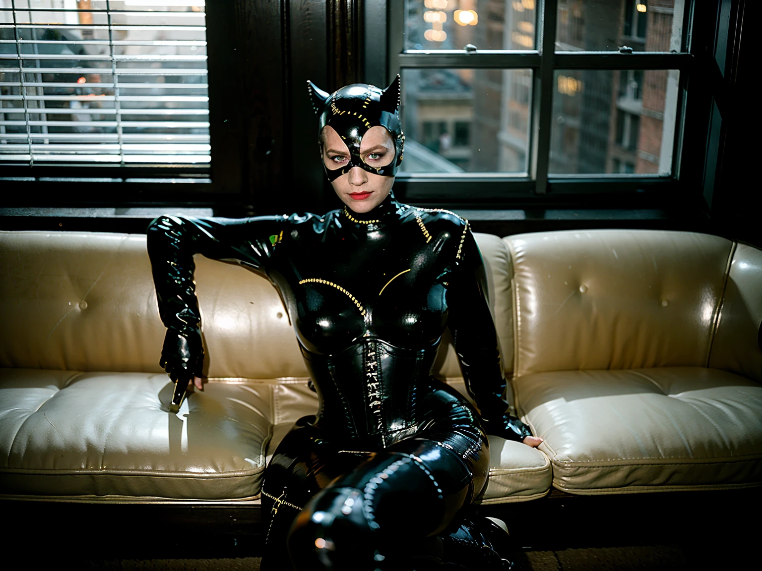 (masterpiece), (best quality), (solo, 1 girl), (epiCRealLife:1.0), (young woman), (European Model), (catwoman latex bodysuit), (eyemask), (black hair), (corset), (j4nu4ryj0n3s), (large breasts), (cleavage),(green eyes), (brown hair), (red lipstick), (eye mask),, (night time), (at night), (spot light),  (in a penthouse), (night city views), (window),(smile a little), (flash photo), (sit on a sofa), 