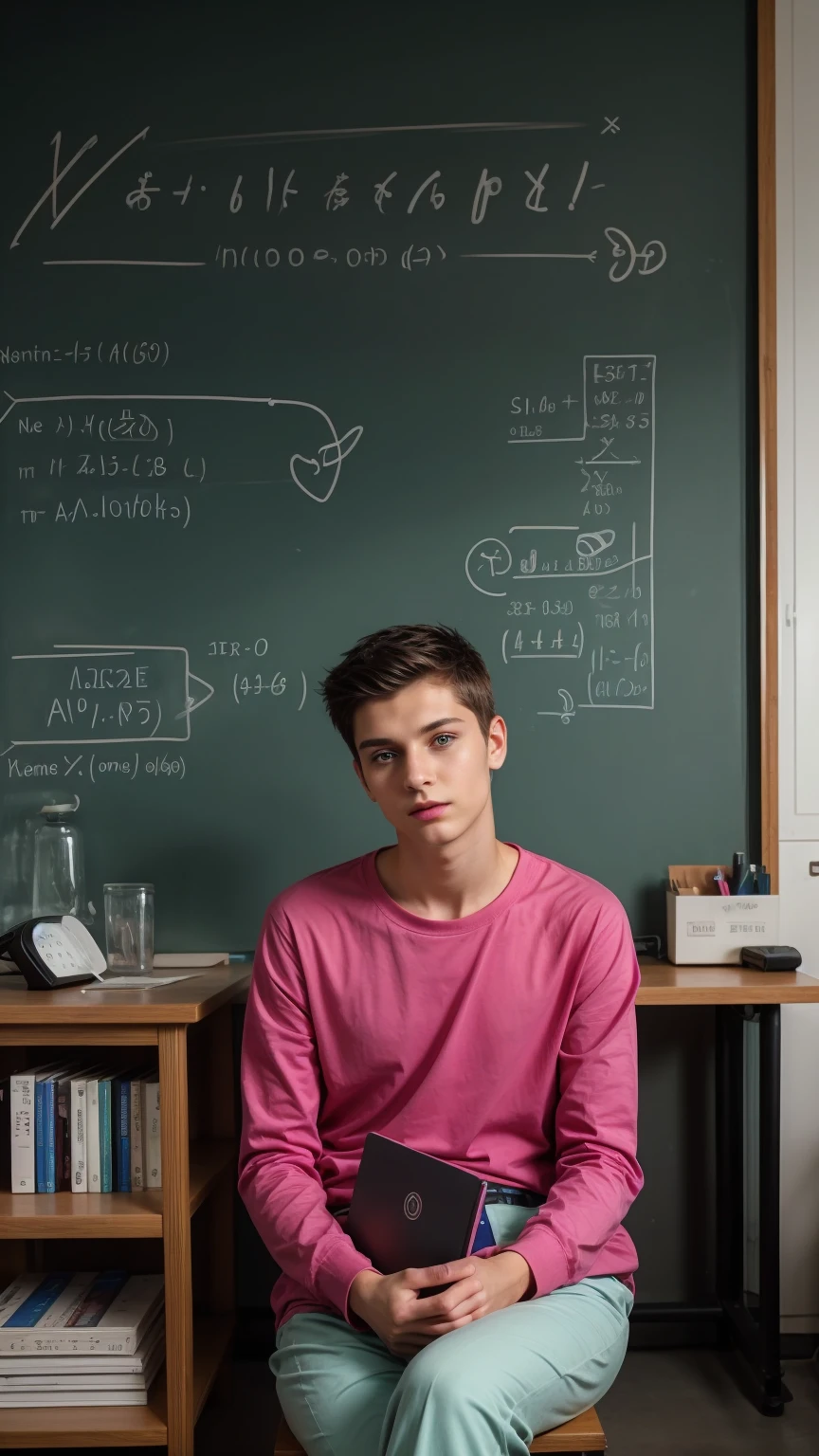 A cute, beautiful twink male young man with a face with makeup and black hair. He is wearing a long-sleeved, pink shirt and aqua blue pants. He is in his scientific office, sitting with medical scientific books next to him, and behind him is a blackboard with calculus written on it. Neon waves emerge from the blackboard. The scientific desk is a medical model looking on proudly.