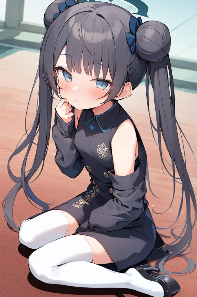masterpiece, Highest quality, One girl, alone, whole body, Kisaki \(Blue Archive\), Elbow hand pockets, Twin tails, White legwear, Sitting, Embarrassing, , Small breasts, View your viewers,, 