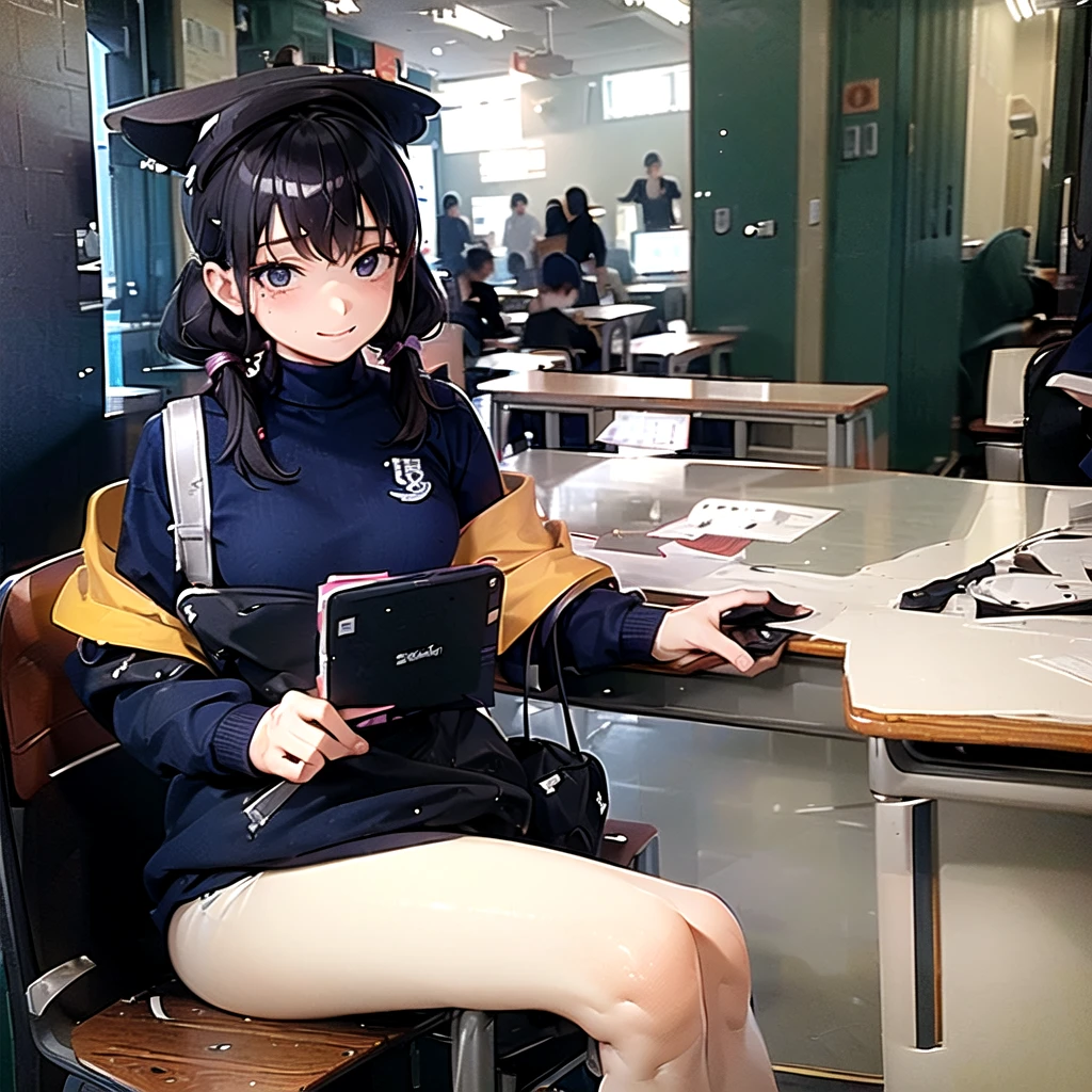 (best quality, masterpiece, high-resolution, detail),
a girl, ,
sitting, kyoshitu, chair, desk,
low pigtails, (low twin tails:1.2), black hair,
navy blue , sailor uniform,
front,
gentle smile,
(high school),