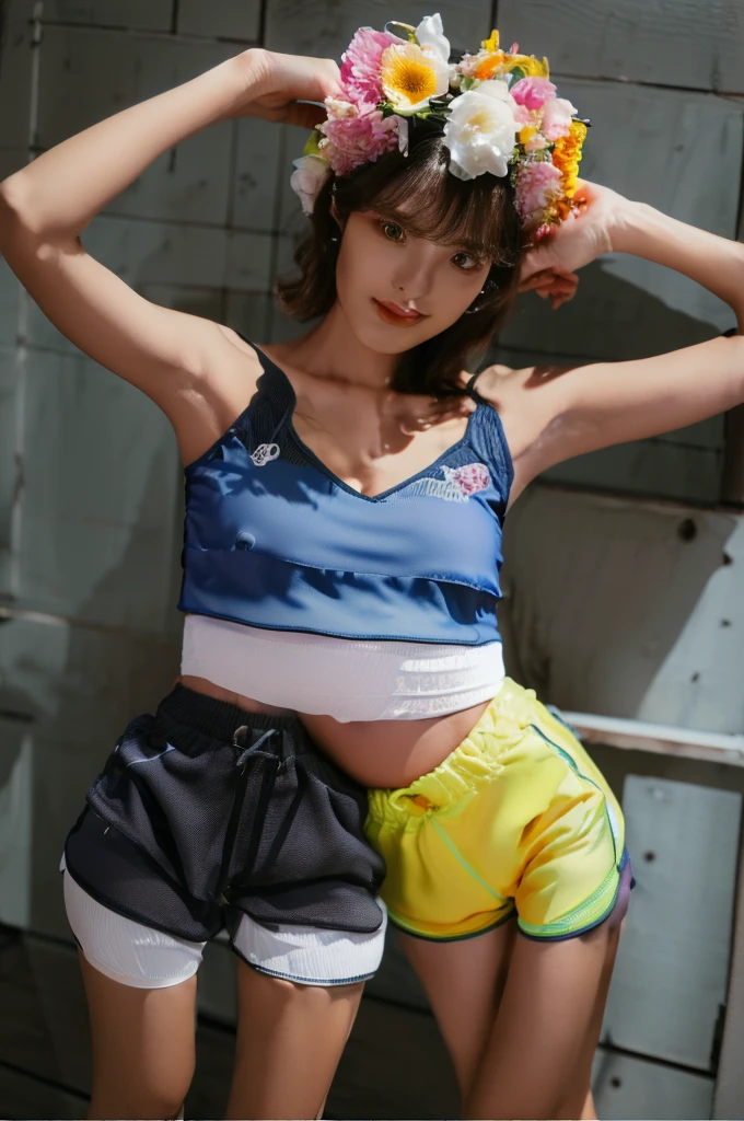 ((Best Quality, 8K, Masterpiece: 1.3)), (Flower Cap: 1.3), Focus: 1.2, Perfect Body Beauty: 1.4, Buttocks: 1.2, (Layered Haircut: 1.2)), (Dark Street: 1.3), Highly Detailed Face and Skin Texture, Full Body, Delicate Eyes, Double Eyelids, Whitened Skin, Long Hair, (Round Face: 1.5), (Loose Crop Top, Shorts: 1.6)