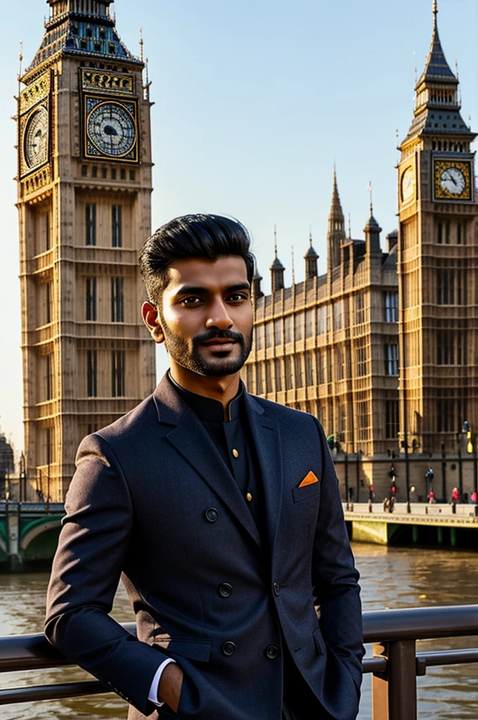 Generate a handsome Indian guy near London Big Ben. Should wear decent clothes