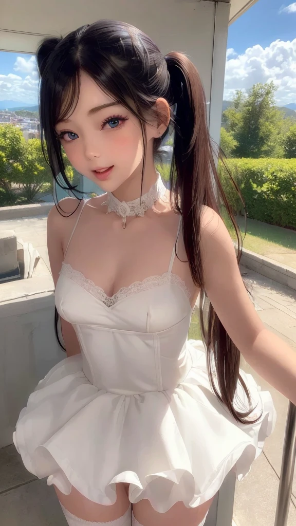 ((masterpiece)), ((highest quality、Ultra high definition)), (Very detailed),8K、Photo quality、((Amazingly cute girl)),( ), Two people, , (Beautiful emerald blue eyes), ((smile)),In the open-air bath overlooking the sea, Beautifully arranged black hair in twin tails、whole body、((Super high-end white see-through summer gothic lolita maid costA super mini skirt with lots of frills))、Professional Lighting、(White lace knee-highore detailed and beautiful)、(More details and cutenesore realistic)、(((ウインクしている)))、