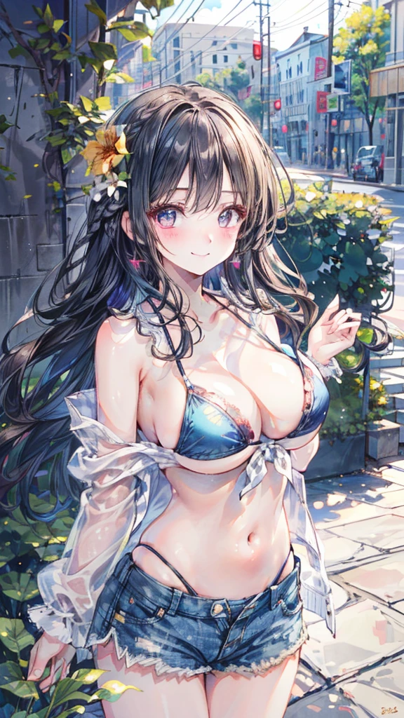 (Best quality, 8k, 32k, Masterpiece, UHD,:1.2),RAW, human, 1girl,ultra cute , ultra cute, natural lighting, transparent shining eyes, 20yo,Large breast ,femur, fair complexion , flushed face, ,breast, embarrassed, ,from the front , ultra cute, for a bohemian-inspired look perfect for summer party, a sheer mesh natural color bikini, high-waisted denim shorts with lace details , happy smiling, sidebraid