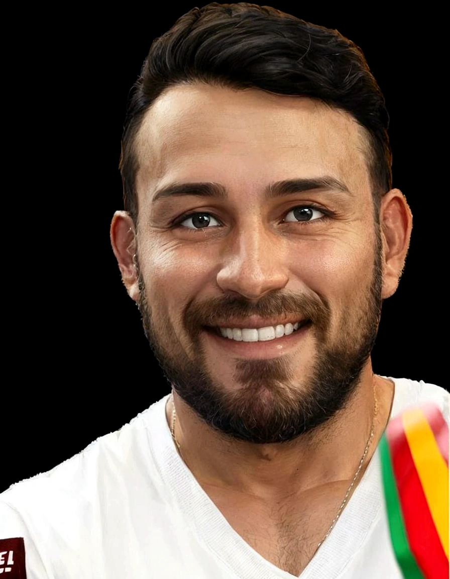 man in shirt, 35 years old, smiling with a weak beard, combed hair