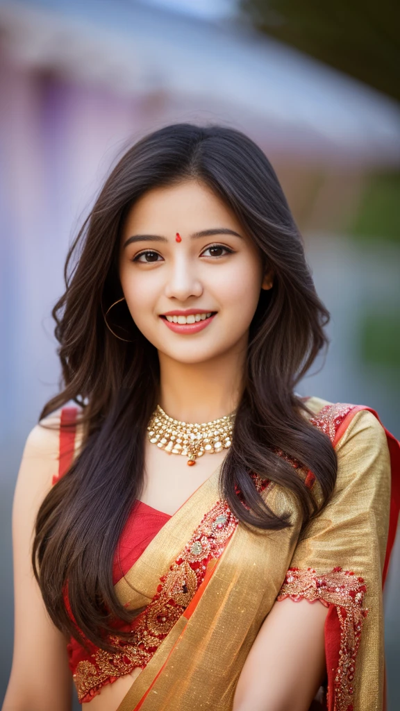 ultra high detailed, an indian girl, cute smile realistic face, happy, long hair, impressive hairstyle, detailed eyes, detailed lips, indian clothes,pre draped saree lace, wearing jewellery, nature and background, photo studio bokeh, clear weather, whole body capture,noch slim image long